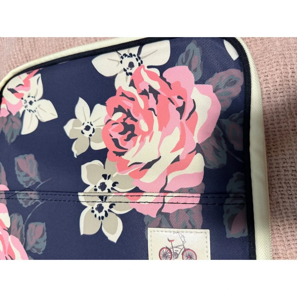 Floral Multi-Functional File Bag Document Organizer Navy Pink Rose Travel Case